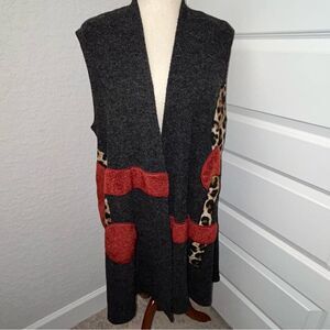 Trisha Tyler Open Front Animal Print Sleeveless Lagenlook Tunic Knit Vest